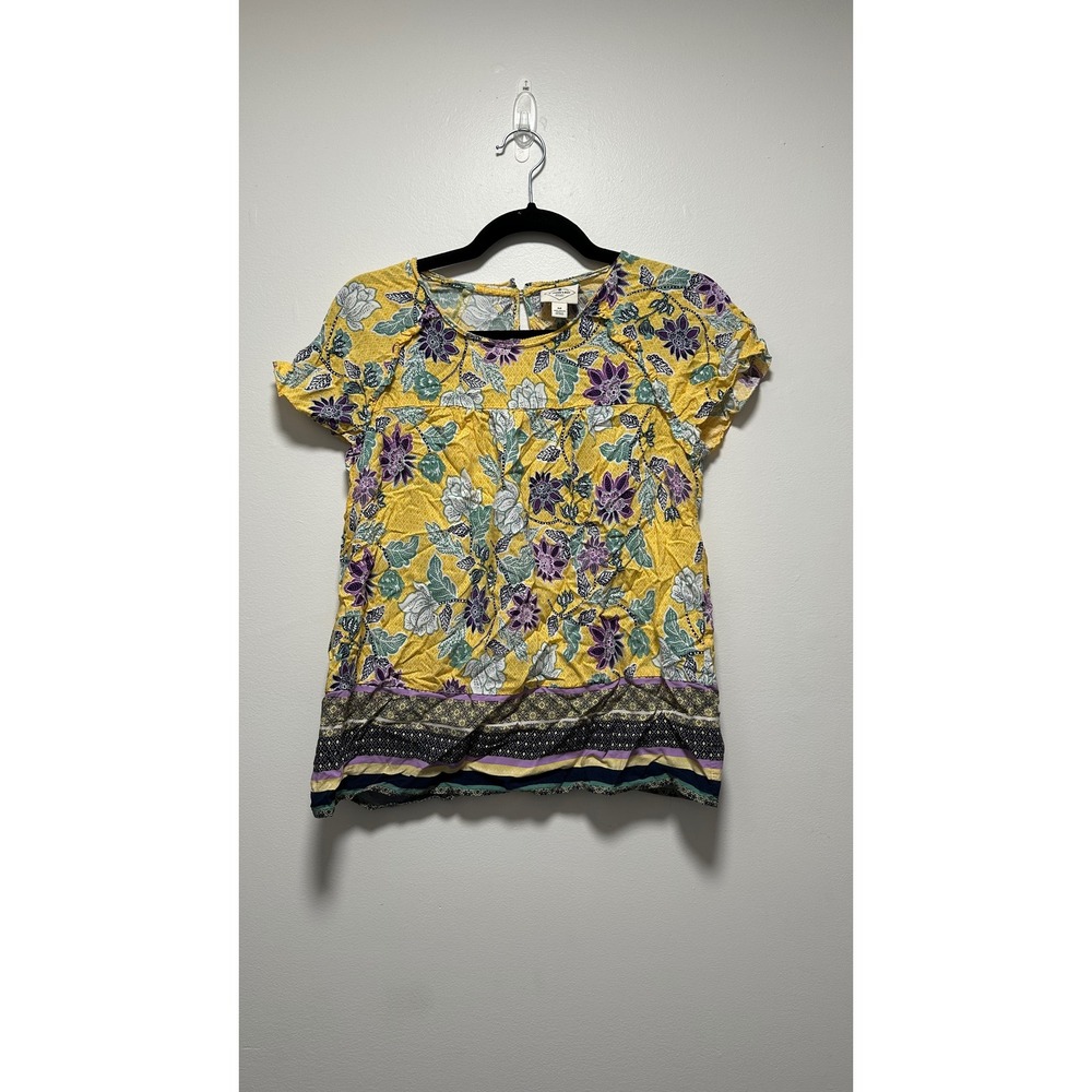 St. Johns Bay Womens Yellow Floral Rayon Short Sleeve Blouse Size M Boho Top